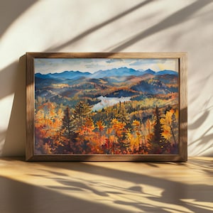Printable Adirondack Mountains Painting, Adirondack High Peaks Wall Art, New York Autumn Fall Foliage Artwork, Forest Lake Nature Landscape