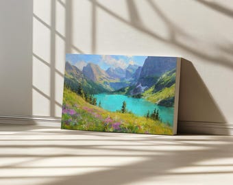Grinnell Lake Canvas, Glacier National Park Wall Art, Montana Rockies Spring Wildflower Art, Rocky Mountain Forest Nature Landscape Painting