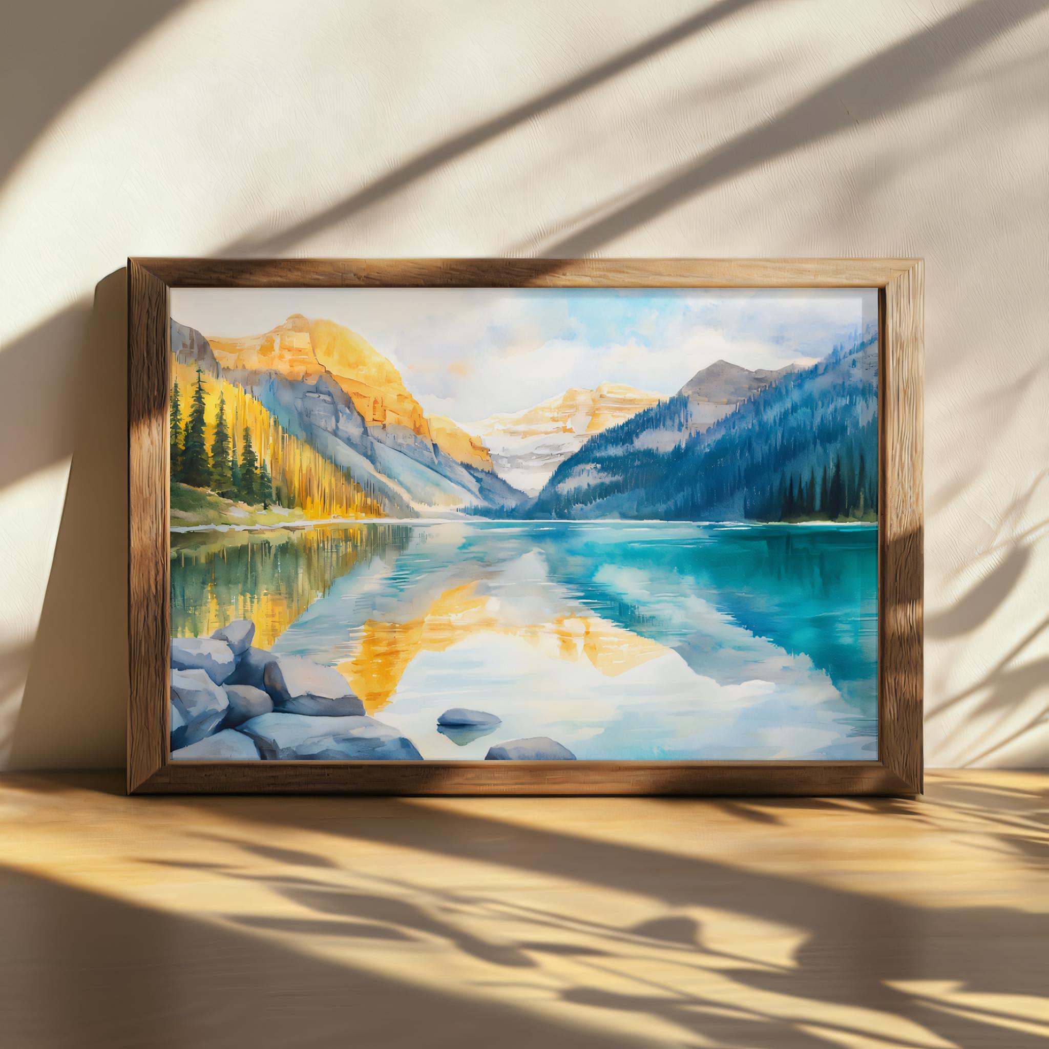 Printable Lake Louise Sunset Painting, Banff National Park Wall Art, Canada Summer Mountain Artwork, Forest Lake Reflection Landscape Print