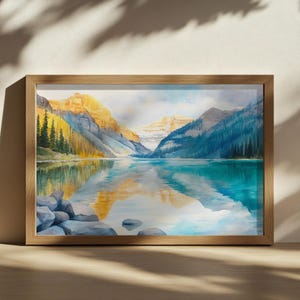 Pintura del atardecer en el lago Louise, arte mural del Parque Nacional Banff, obra de arte de montaña de verano en Canadá, paisaje natural forestal, impresión del reflejo del lago
