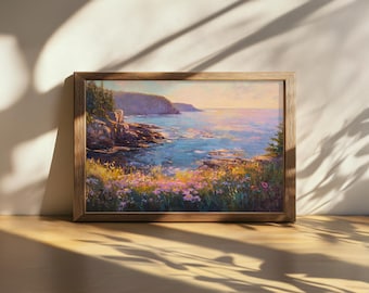 Printable Acadia National Park Painting, East Atlantic Ocean Wall Art, Maine Spring Wildflower Sunset Art, Rocky Forest Coast Nature Print