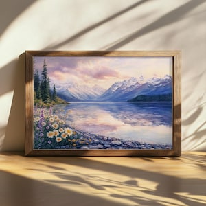 Printable Glacier National Park Sunset Painting, Lake McDonald Reflection Wall Art, Montana Spring Wildflower Nature, Mountain Forest Print