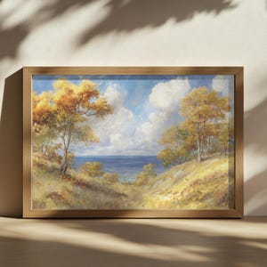 Lake Michigan Painting, Great Lakes of North American Wall Art, Michigan Autumn Fall Foliage Artwork, Forest Nature Landscape Art Print