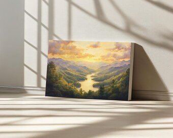Fontana Lake Canvas , Great Smoky Mountains National Park Wall Art, North Carolina Golden Hour Sunset Print, Tennessee River Forest Painting