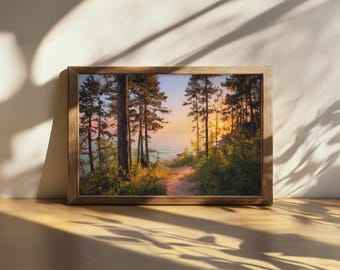 Printable Lake Michigan Painting, Great Lakes of North American Wall Art, Michigan Summer Sunset Sky Artwork, Lakeside Forest Nature Print
