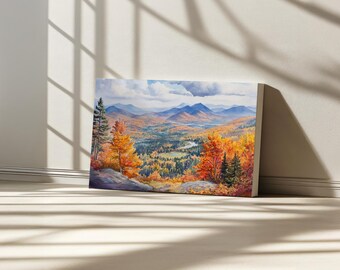Tela con immagini dei Monti Adirondack, Quadro da parete del Monte Marcy, Opera d'arte autunnale con fogliame di New York, Dipinto di paesaggio naturale di montagna, foresta e cima.