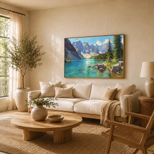 Dipinto del lago Moraine, opera d'arte murale del Parco nazionale di Banff, opera d'arte estiva sulle montagne rocciose canadesi, stampa di paesaggi naturali con acque turchesi del Canada immagine 2