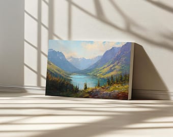 Glacier National Park Canvas, Rocky Mountain Range Wall Art, Montana Summer Lake Artwork, Rockies Alpine Forest Nature Landscape Painting