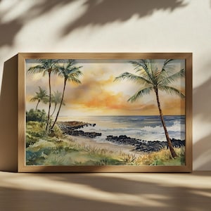 Big Island Painting, Hawaii Blue Ocean Wall Art, Volcanic Rock Summer Sandy Beach Artwork, Hawaiian Island Palm Tree Sunset Landscape Print