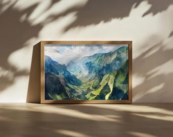 ナパリ海岸の絵画、カウアイ島の山の壁画、ハワイの海の芸術作品、ハワイの海岸渓谷の版画、熱帯の島の森林風景画