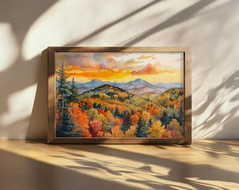 Dipinto stampabile del tramonto sulle montagne Adirondack, arte murale delle alte vette degli Adirondack, opera d'arte del fogliame autunnale di New York, paesaggio naturale della foresta