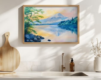 河口湖の絵画、富士山の水面反射の壁画、日本の夏の夕焼けのアート