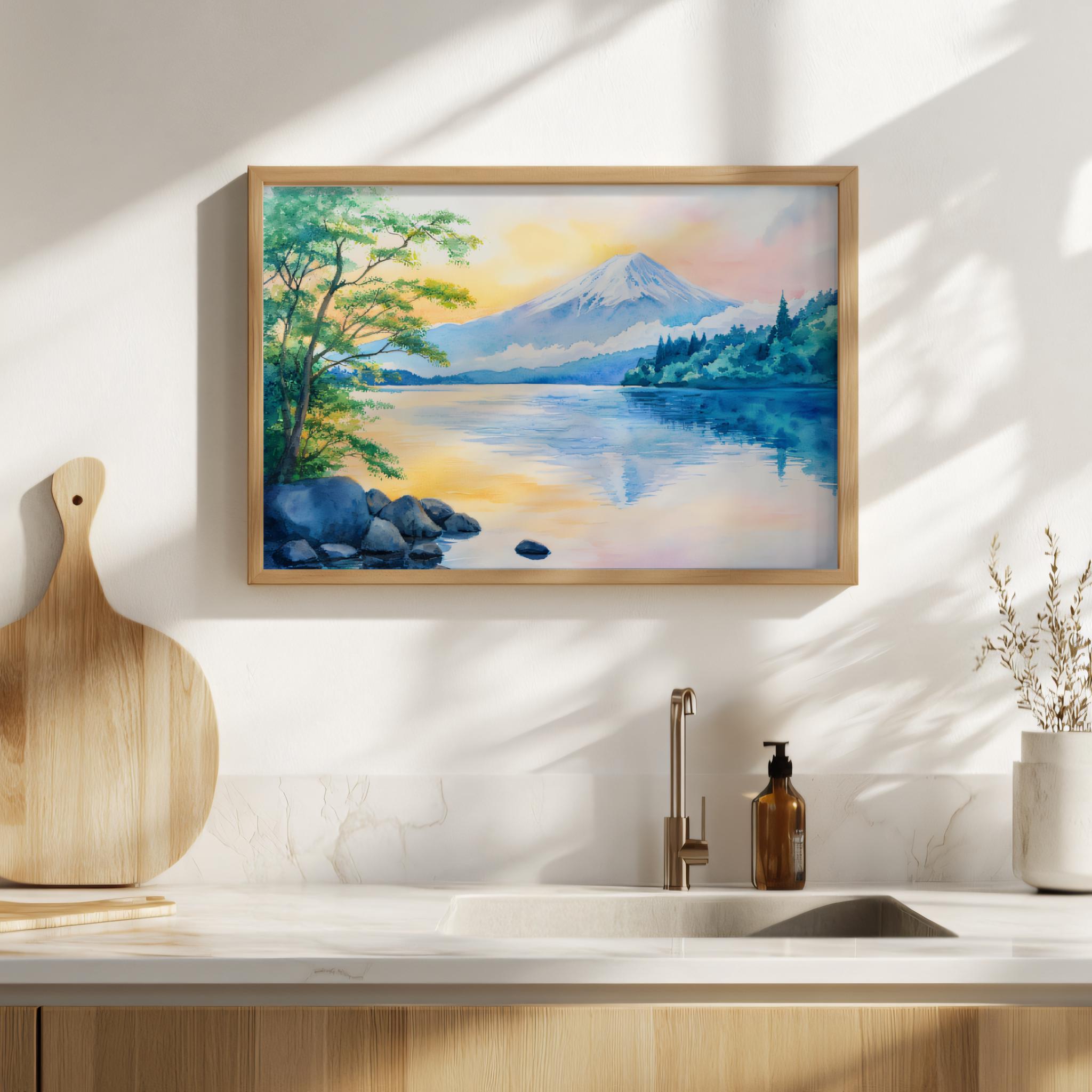 河口湖の絵画、富士山の水面反射の壁画、日本の夏の夕焼けのアート