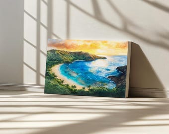 Hanauma Bay Canvas, Hawaii Turquoise Ocean Wall Art, Hawaiian Summer Beach Sunset, Koko Head Mountain Art, Forest Nature Landscape Painting