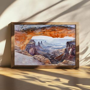 Printable Mesa Arch Painting, Canyonlands National Park Wall Art, Utah Red Rock Mountain Artwork, Summer Desert Canyon Nature Landscape Art