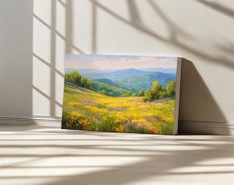 Lienzo del Parque Nacional Shenandoah, Arte mural de las Montañas Blue Ridge, Arte de flores silvestres de primavera de Virginia, Pintura de paisaje natural del bosque de los Apalaches