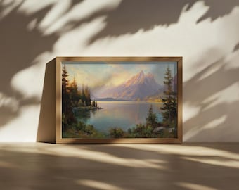 Jenny Lake Painting, Grand Teton National Park Wall Art, Wyoming Summer Sunrise Reflection Art, Mountain Range Forest Nature Landscape Print