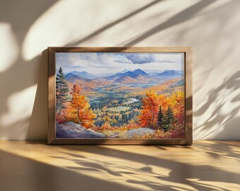 Dipinto stampabile sulle montagne Adirondack, arte murale sul monte Marcy, opera d'arte con fogliame autunnale di New York, stampa artistica sulla natura della cima della foresta di montagna