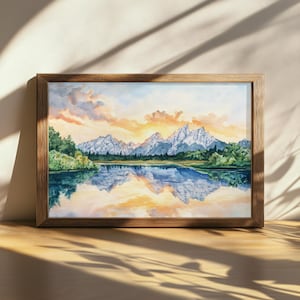 Druckbare Grand Teton National Park Gemälde, Sonnenaufgang See Reflection Wandkunst, Wyoming Sommer Natur Kunstwerk Schnee Bergwald Druck