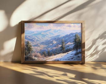 Printable Great Smoky Mountain National Park Painting, North Carolina Blue Ridge Sunrise Wall Art, Tennessee Appalachian Winter Snow Artwork
