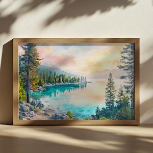 Lake Tahoe Sunrise Painting, Turquoise Water Reflection Wall Art, California Summer Nature Artwork, Lakeside Mountain Forest Landscape Print