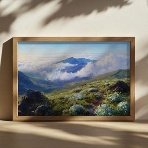 Haleakala National Park Painting, Hawaii Volcano Nature Wall Art, Maui Mountain Sea Cloud Art, Hawaiian Volcanic Spring Wildflower Landscape
