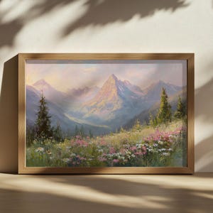Glacier National Park Painting, Rocky Mountain Range Wall Art, Montana Spring Wildflower Art, Rockies Forest Sunrise Nature Landscape Print