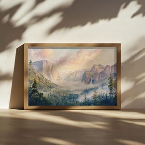 Yosemite National Park Painting, Tunnel View Sunrise Wall Art, California Summer Mountain Forest Artwork, Foggy El Capitan Half Dome Print