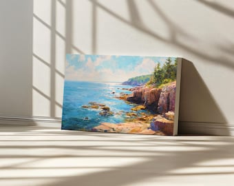 Acadia National Park Canvas, East Atlantic Ocean Coast Wall Art, Maine Summer Rocky Shore Artwork, Coastal Forest Nature Landscape Painting
