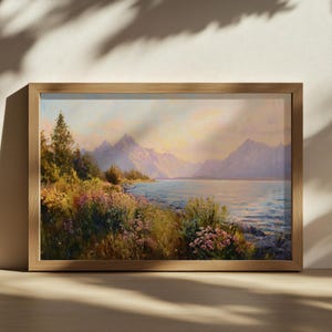 Jenny See Gemälde, Grand Teton National Park Wandkunst, Wyoming Frühling Wildblumen Kunstwerk, Bergwald Sonnenuntergang Natur Landschaft Druck
