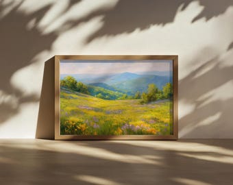 Pintura del Parque Nacional Shenandoah, Arte mural de las Montañas Blue Ridge, Arte de flores silvestres de la primavera de Virginia, Impresión de paisaje natural del Bosque Apalache