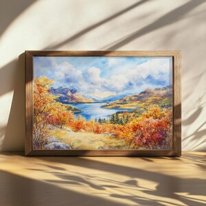 Peinture imprimable du parc national des Lacs-Waterton, art mural du lac de la forêt de l'Alberta Canada, belle toile nuage, oeuvre de feuillage d'automne de montagne