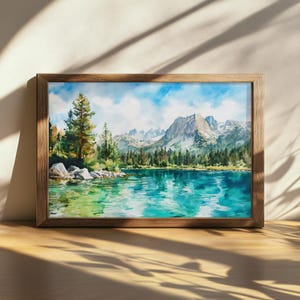 Printable Big Pine Lakes Painting, Turquoise Water Reflection Wall Art, California Summer Mountain Artwork, Lakeside Forest Nature Art Print