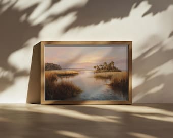 Pintura al atardecer en el Parque Nacional Biscayne, arte mural tropical de Florida, obra de arte del bosque de manglares invernal, impresión de paisaje natural con palmeras costeras