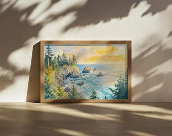 Oregon Coastline Painting, Coastal Blue Ocean Wall Art, Pacific Northwest Summer Sunset Artwork, Seascape Forest Nature Landscape Art Print