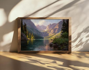 Cuadro imprimible del amanecer en el lago Avalanche, arte mural del Parque Nacional Glaciar, ilustración de montaña de verano en Montana, lámina artística de bosque junto al lago alpino