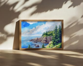 Acadia National Park Painting, East Atlantic Coast Ocean Wall Art, Maine Summer Seascape Artwork, Coastal Forest Nature Landscape Art Print