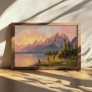 Druckbare Jenny Lake Gemälde, Grand Teton Nationalpark Wandkunst, Wyoming Sommer Sonnenuntergang Spiegelung Kunst, Gebirgskette Wald Naturdruck