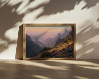 Big Bend National Park Painting, Chisos Mountain Range Wall Art, Chihuahuan Desert Cactus Sunset Landscape, Texas Spring Wildflower Print