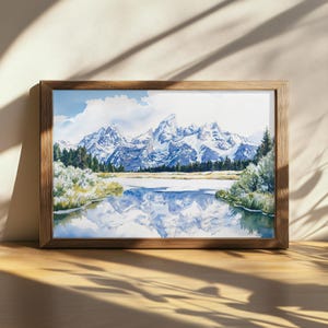 Druckbare Grand Teton National Park Gemälde, See Wasser Reflection Art, Wyoming Winter Schnee Kunstwerk Verschneiten Bergwald Natur Print