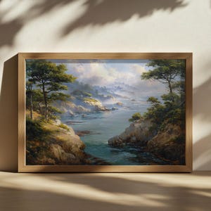 Schilderij Point Lobos, Californië klaprozen natuur muurkunst, Monterey Peninsula Bay landschapskunstwerk, Stille Oceaan kust winter zeegezicht kunst
