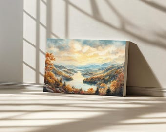 Fontana Lake Canvas, Great Smoky Mountain National Park Wall Art, North Carolina Autumn Sunrise Art Print, Tennessee Fall Foliage Painting