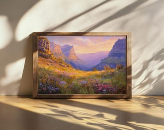 Cuadro imprimible del Parque Nacional de los Glaciares, arte mural de las Montañas Rocosas, arte de flores silvestres de primavera en Montana, impresión de naturaleza al atardecer en el bosque de las Rocosas