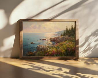 Printable Acadia National Park Painting, East Atlantic Ocean Wall Art, Maine Spring Wildflower Art, Rocky Forest Coast Sunrise Nature Print