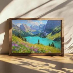 Printable Grinnell Lake Painting, Glacier National Park Wall Art, Montana Rockies Spring Wildflower Art, Rocky Mountain Forest Nature Print