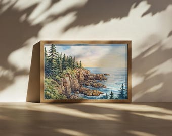 Acadia National Park Painting, Atlantic Ocean Coastline Wall Art, Maine Summer Coastal Sunrise Artwork, East Coast Seascape Forest Landscape