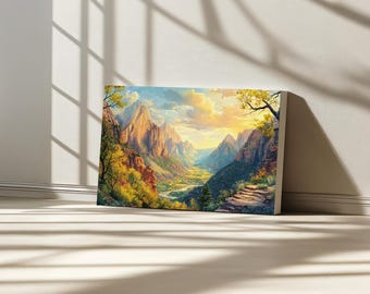 Angels Landing Sunset Canvas, Zion National Park Wall Art, Utah Mountain Valley Autumn Fall Foliage Print, Desert Nature Landscape Painting