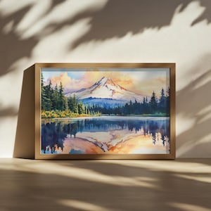 Mount Hood Painting, Mirror Lake Sunset Wall Art, Oregon Summer Mountain Artwork, Pacific Northwest Forest Poster, Nature Landscape Print