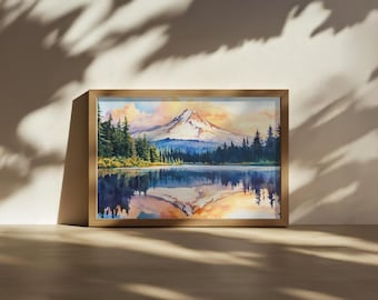 タホ湖の夕焼けの絵画、ターコイズブルーの水面の反射を描いた壁画