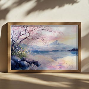 富士山の夕焼けの絵画、河口湖の反射の壁画、日本の春の桜のアートワーク、山の花の自然風景のプリント